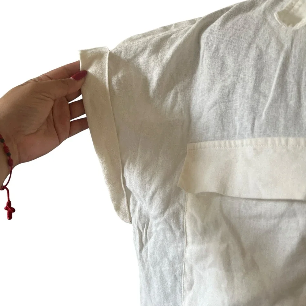 Calvin Klein Womens XL Cream Linen Blend‎ Short Sleeve Utility Henley Blouse Top